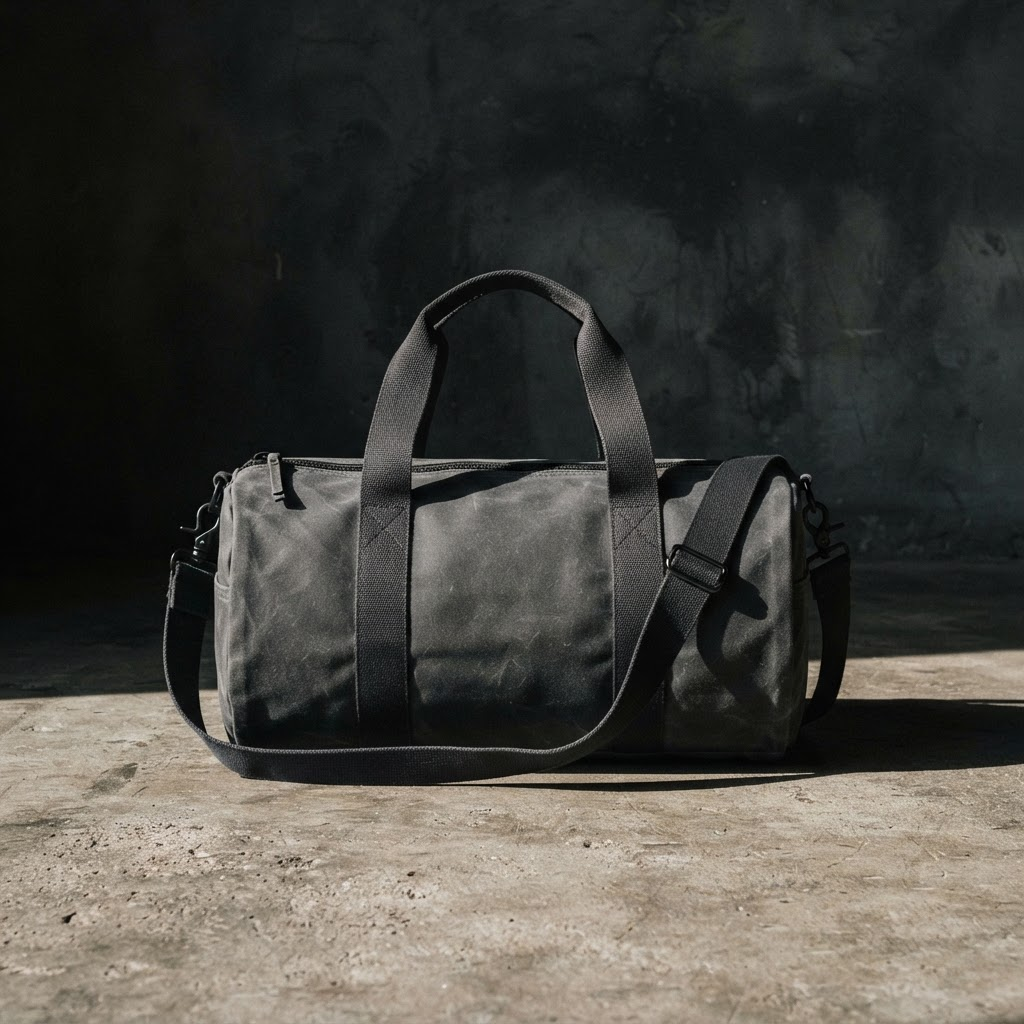 Charcoal waxed canvas gym duffle bag on a concrete floor