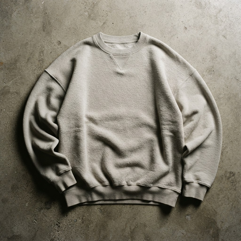 Boxy bone-grey heavyweight cotton crewneck laid flat on concrete