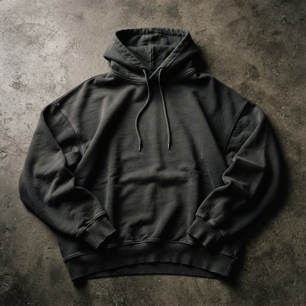 Oversized faded black heavyweight hoodie laid flat on concrete