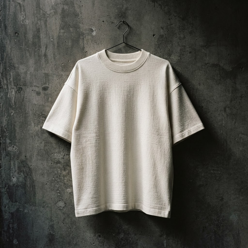 Boxy off-white heavyweight cotton tee on a steel hanger