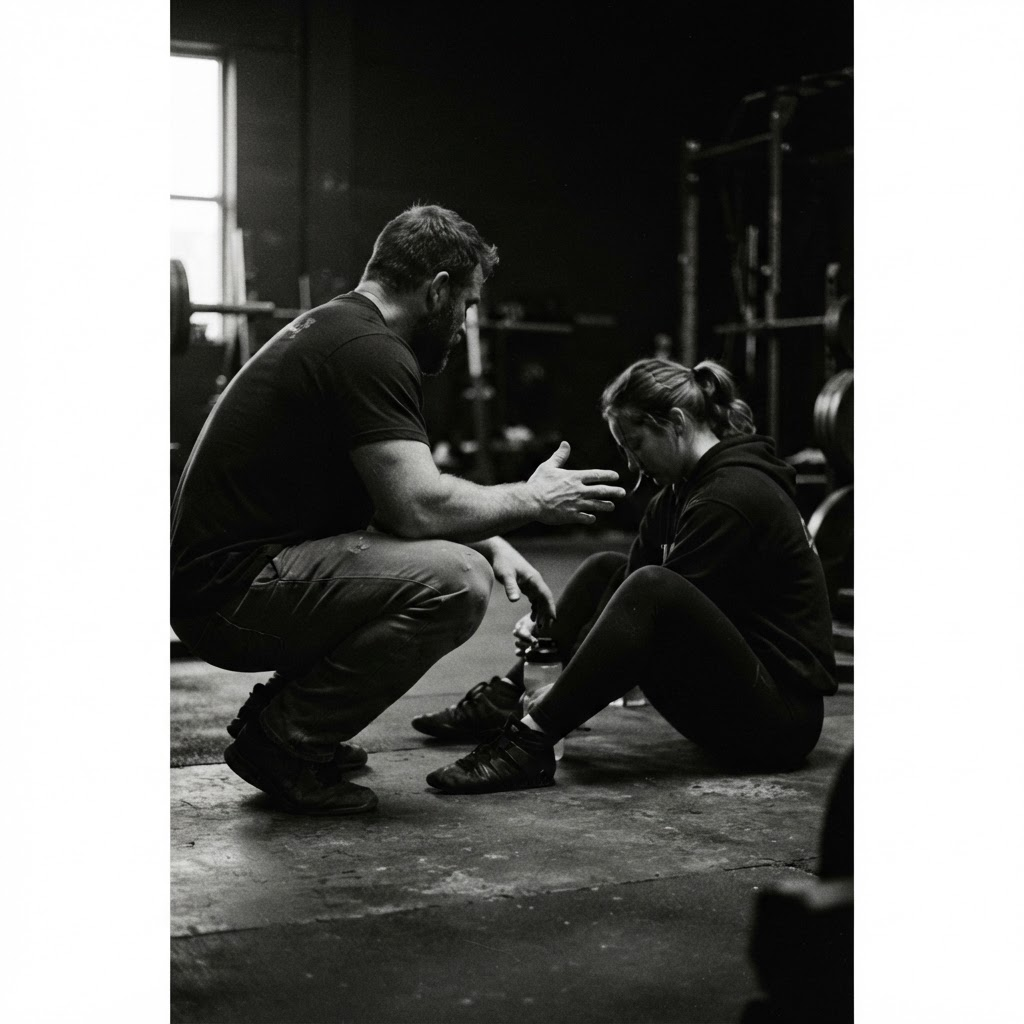 A coach crouched beside a lifter mid-instruction