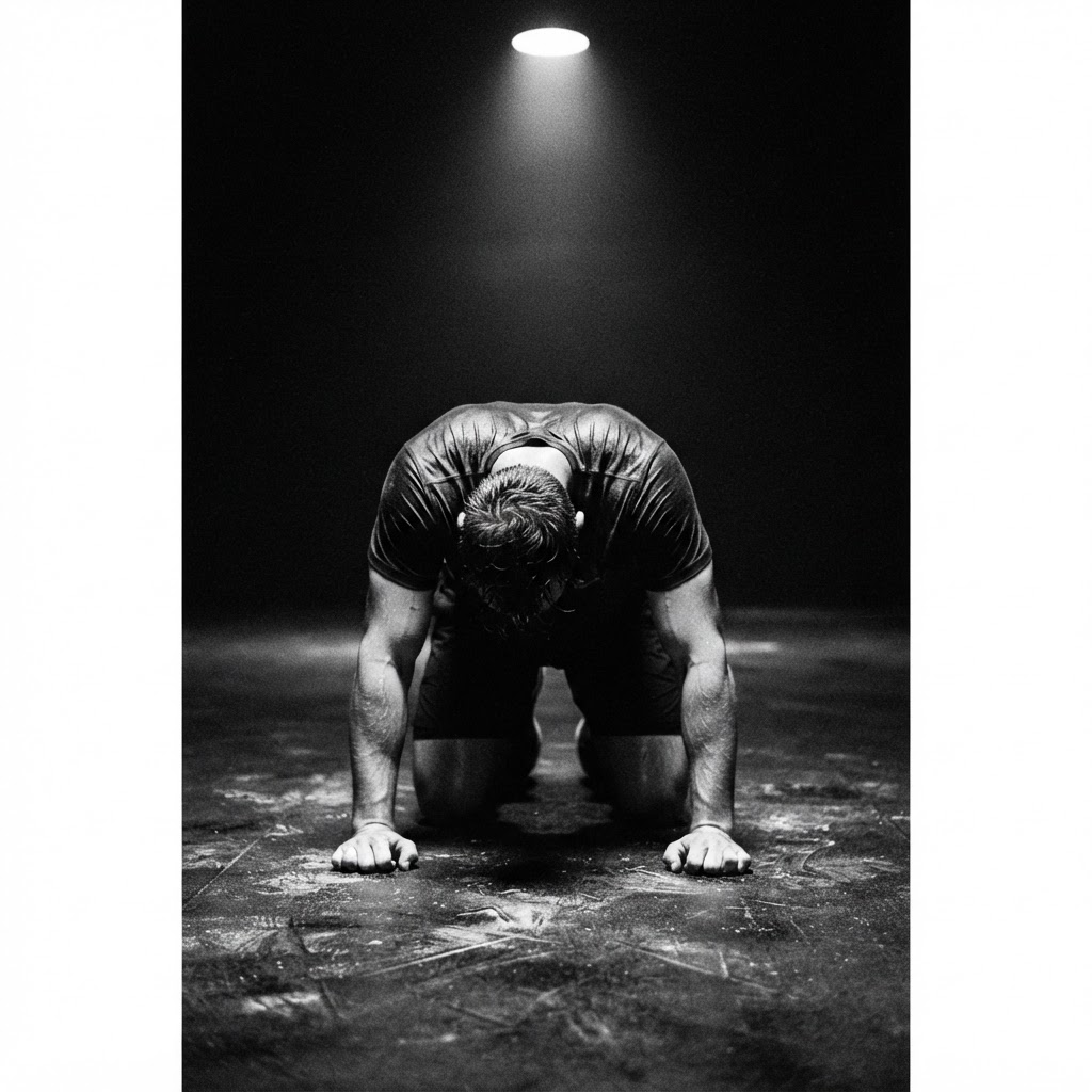 An athlete spent on the floor under a single overhead light