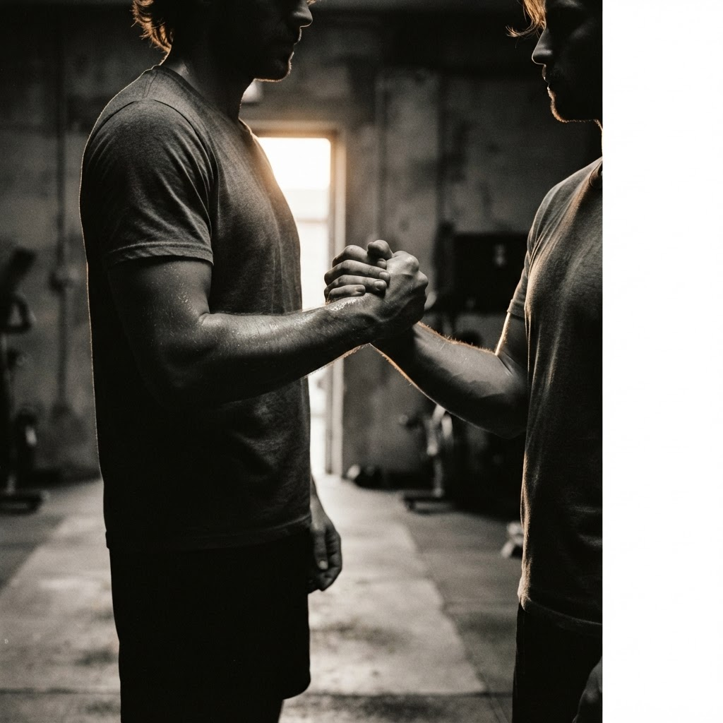 Two members clasping forearms after a session