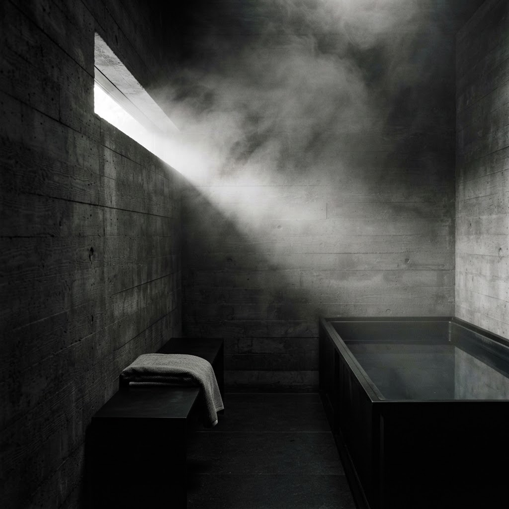 Steam rising in a minimalist concrete sauna