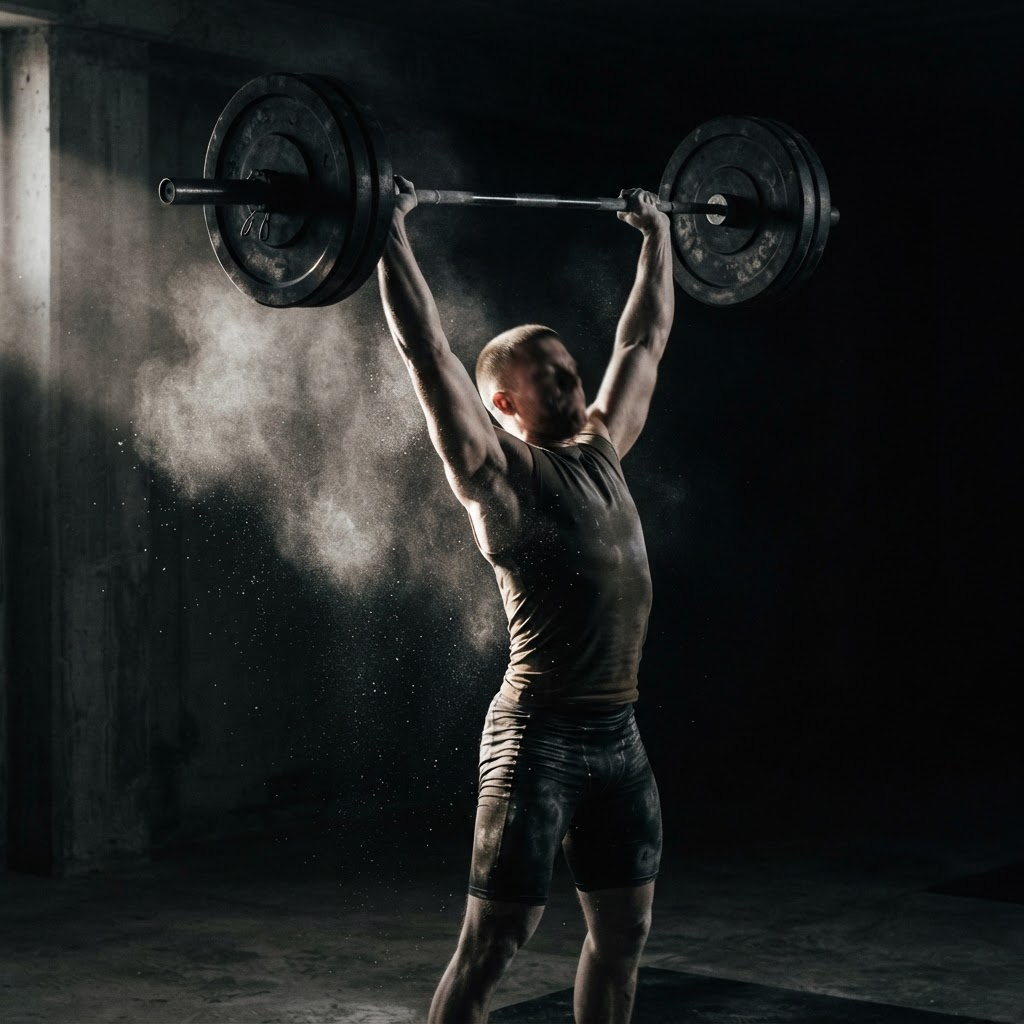 A lifter under a loaded barbell in a dark concrete gym