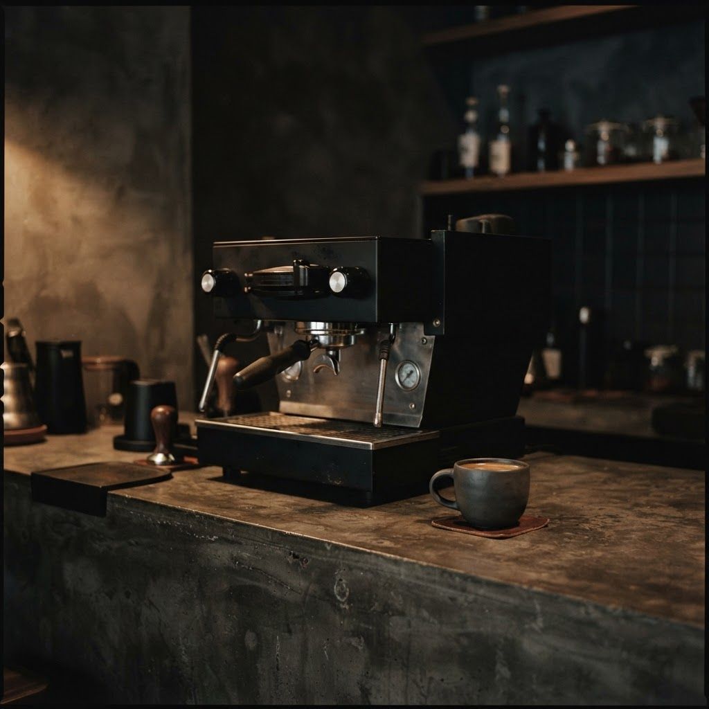Matte black espresso machine on a raw concrete counter