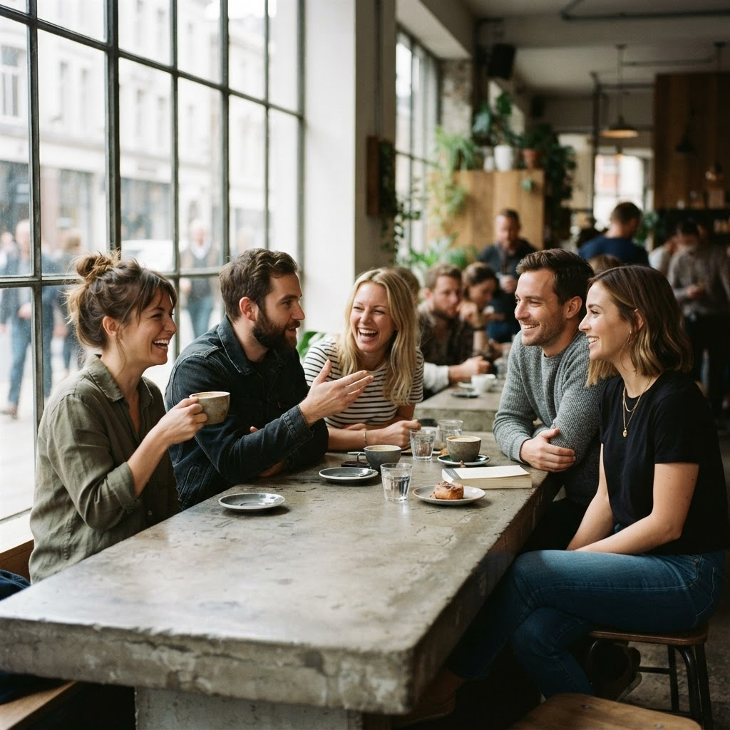 A group of members talking over coffee around a long concrete table