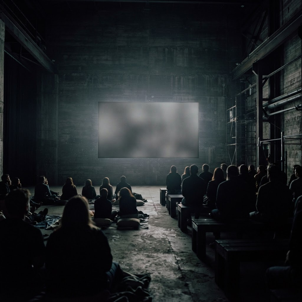 A film projected onto a concrete wall with members watching in the dark