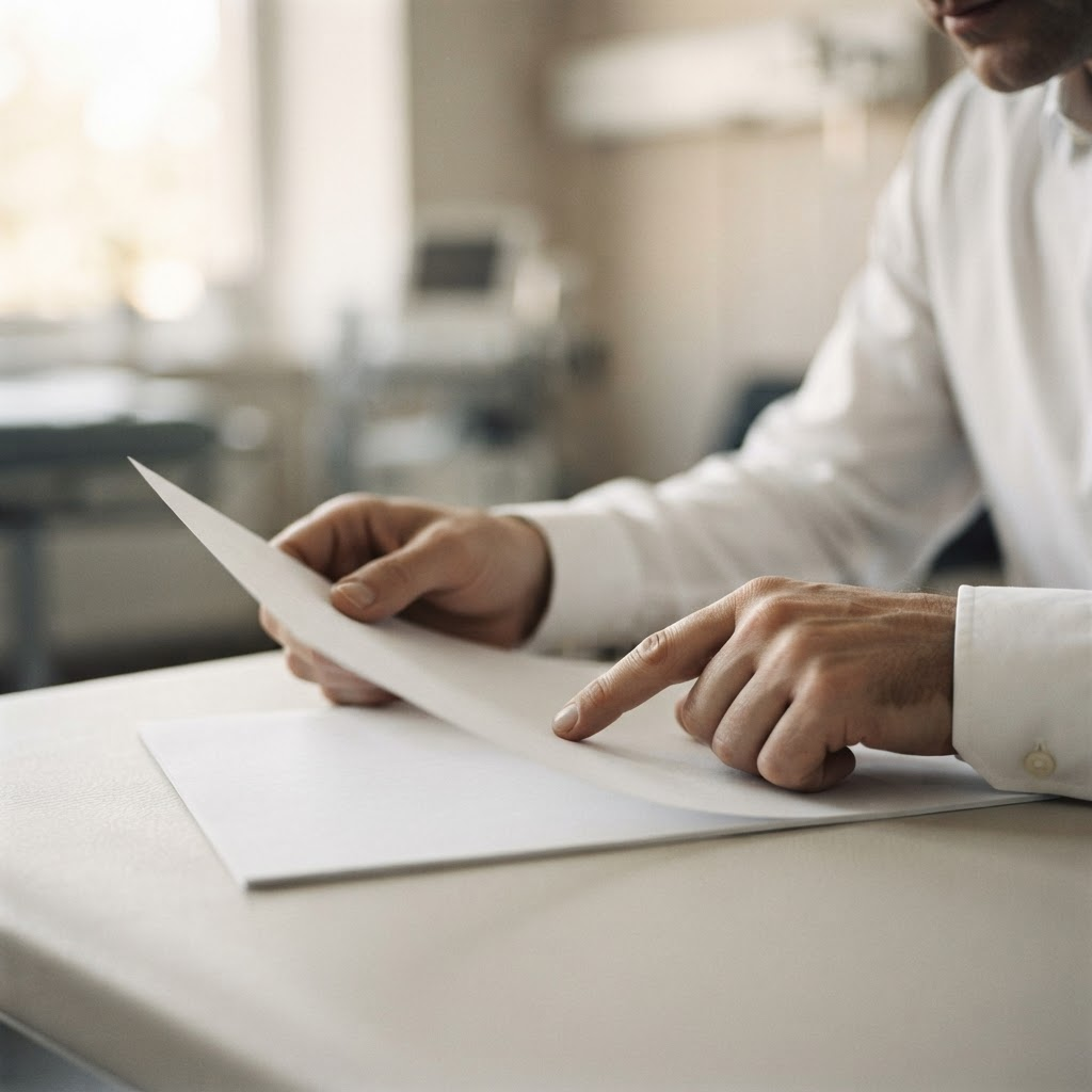A physician's hands reviewing a health report on a pale surface in soft daylight